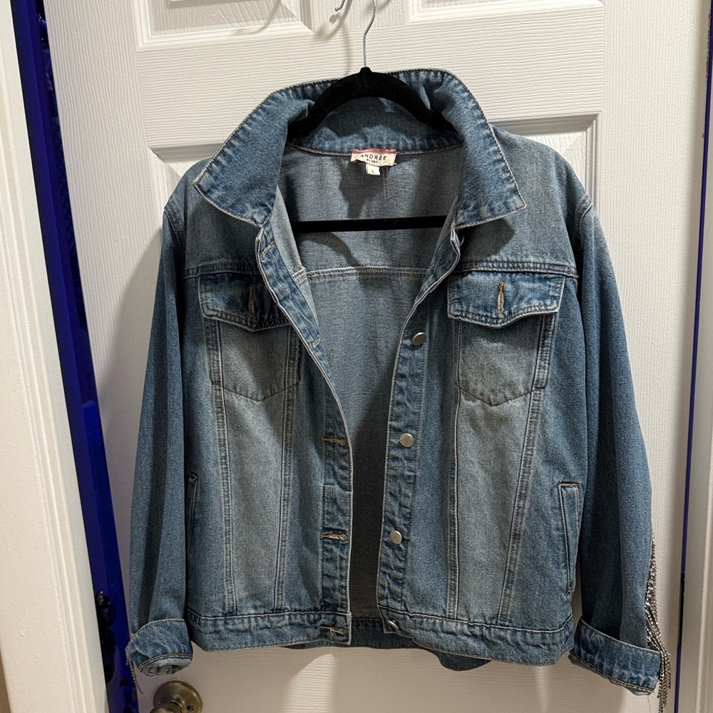 Andrée by Unit Denim Jacket with Rhinestone fringe on back and arms - Picture 2 of 4